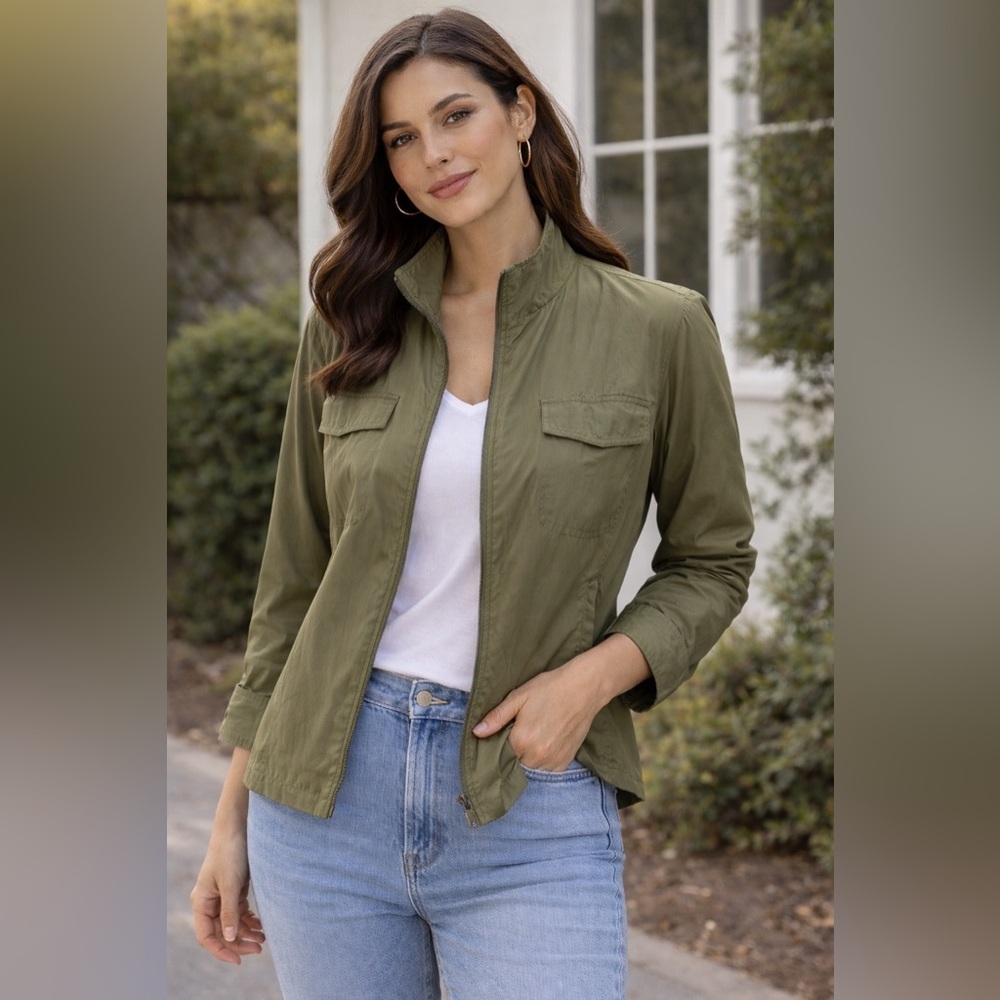 Express Portofino Olive Zip Front Top Career Chic Quiet Luxury Blouse